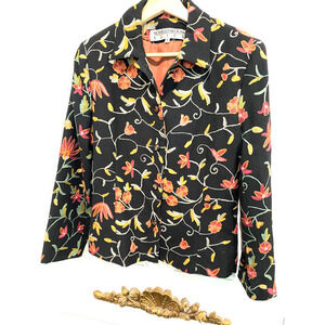 NOVIELLO BLOOM SUITS - black & colorful flower embodied  wool jacket, size 6